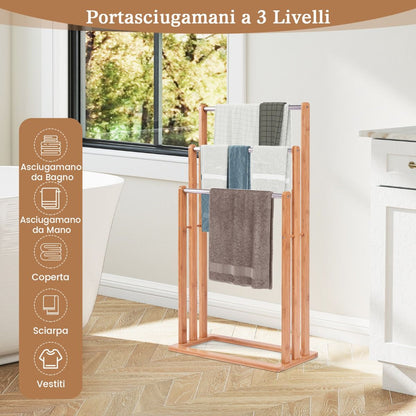 Porta Asciugamani in Legno Di Bambu Con 3 Barre in Acciaio Inox Da Terra 46X24X84Cm
