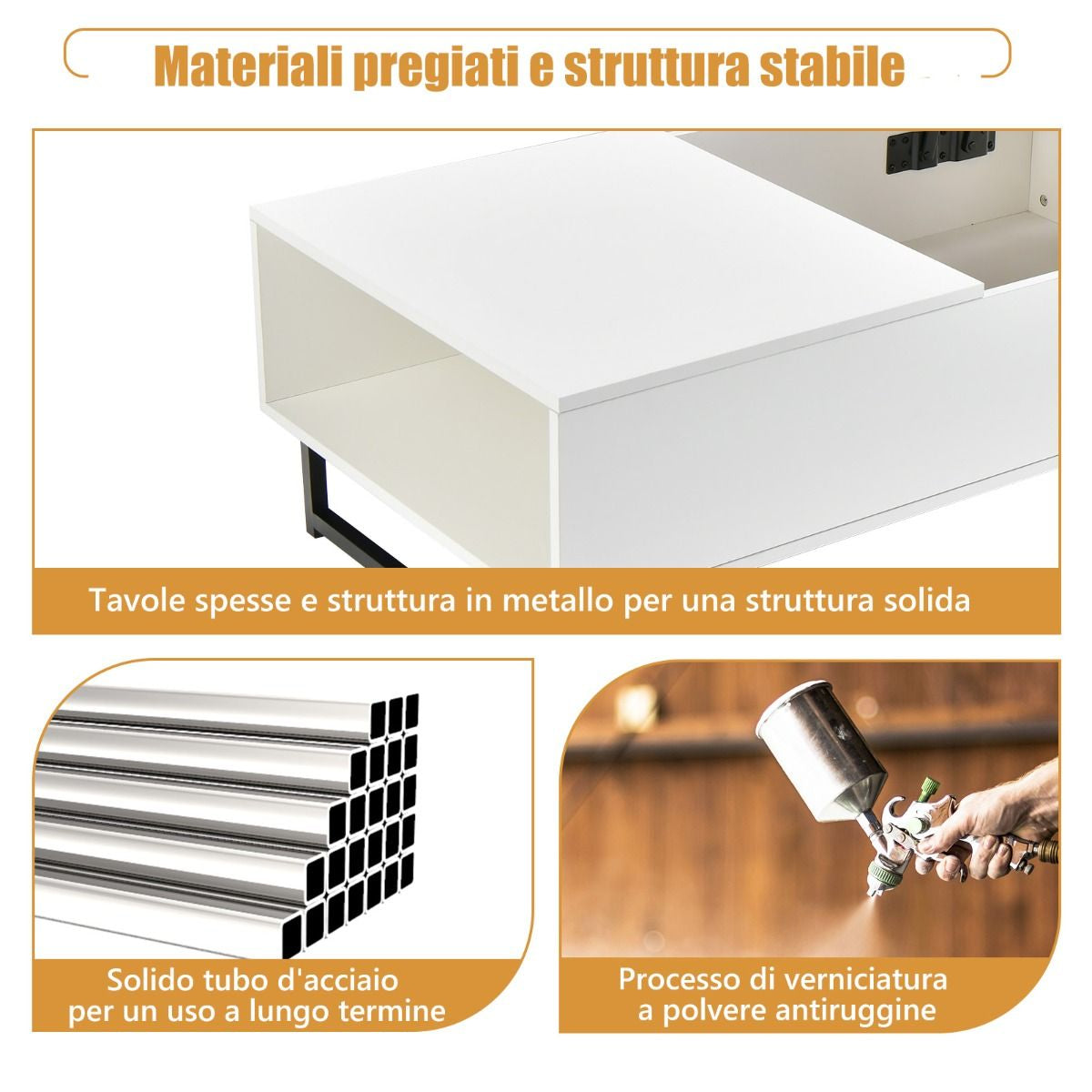 Tavolino Da Caffè 110Cm in Legno Con Ampi Scomparti Struttura in Metallo, Tavolino Da Tè per Soggiorno