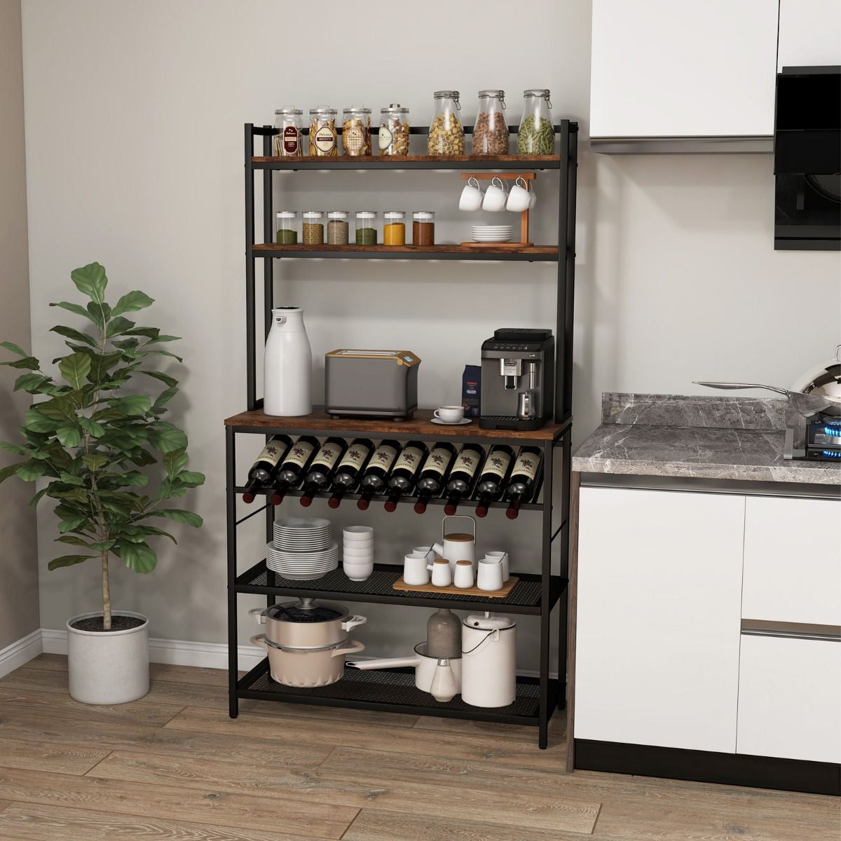 Scaffale Da Cucina a 6 Ripiani Con Portabottiglie 2 Ripiani in Rete, Scaffale Porta Microonde Alto Marrone Rustico