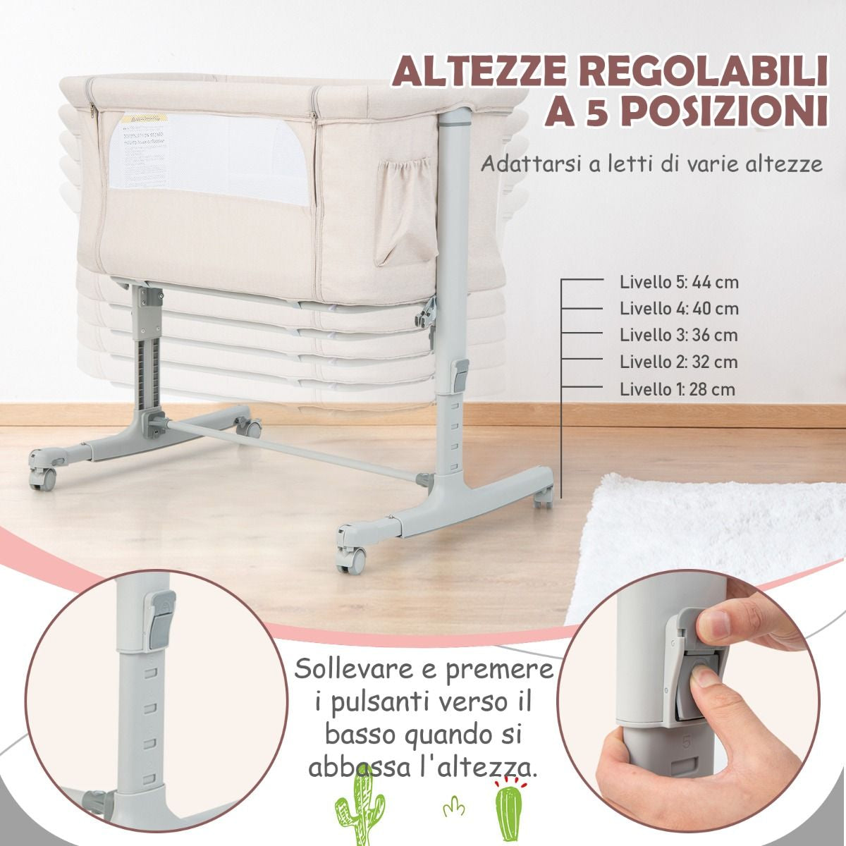 Culla per Bambini 3 in 1 Con 5 Livelli Di Altezza Regolabili Borsa Da Viaggio, Traversina per Bambini 4 Colori