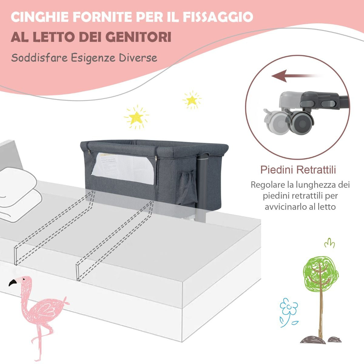 Culla per Bambini 3 in 1 Con 5 Livelli Di Altezza Regolabili Borsa Da Viaggio, Traversina per Bambini 4 Colori