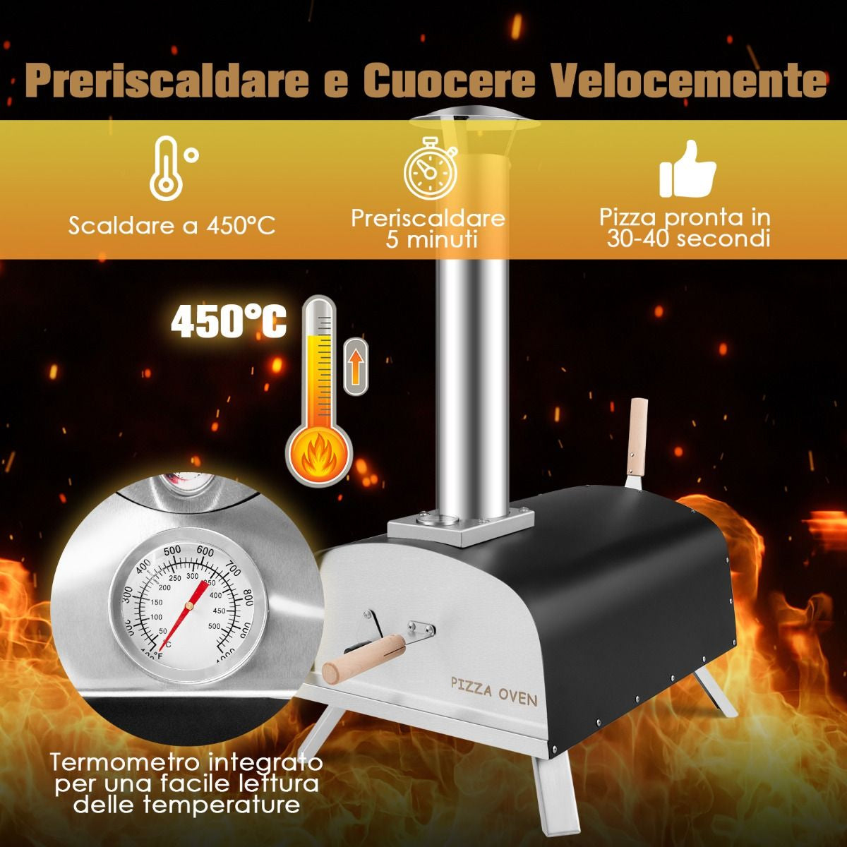 Forno per Pizza Portatile Con Pietra Refrattaria Parafuoco Gambe Pieghevoli, Forno in Acciaio Da Campeggio