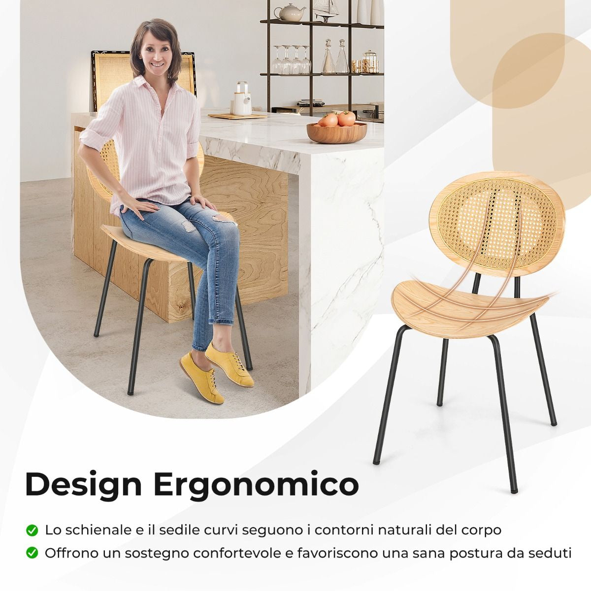 Set Di 2 Sedie Da Pranzo in Rattan Con Gambe in Metallo Seduta in Compensato, Sedie Boho Portata 140Kg Naturale