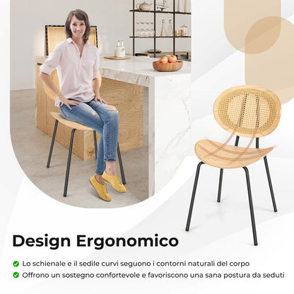 Set Di 2 Sedie Da Pranzo in Rattan Con Gambe in Metallo Seduta in Compensato, Sedie Boho Portata 140Kg Naturale