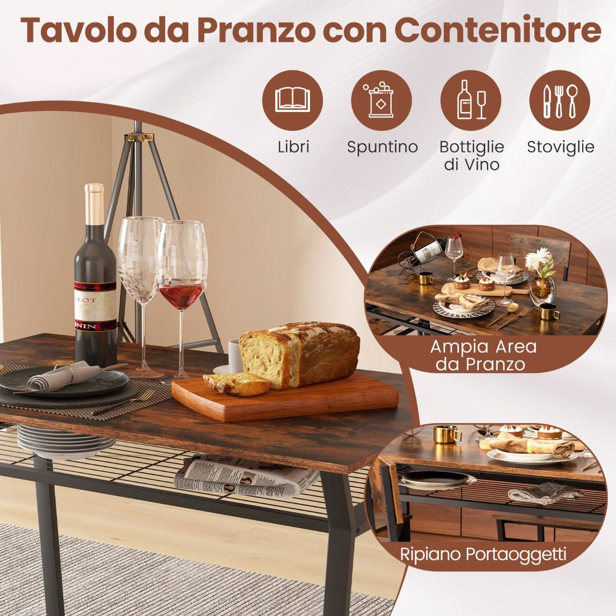 Set Da Tavolo Da Pranzo 5 Pezzi, Tavolo Da Cucina Con 4 Sedie Mensola Portaoggetti E Telaio in Metallo 2 Colori