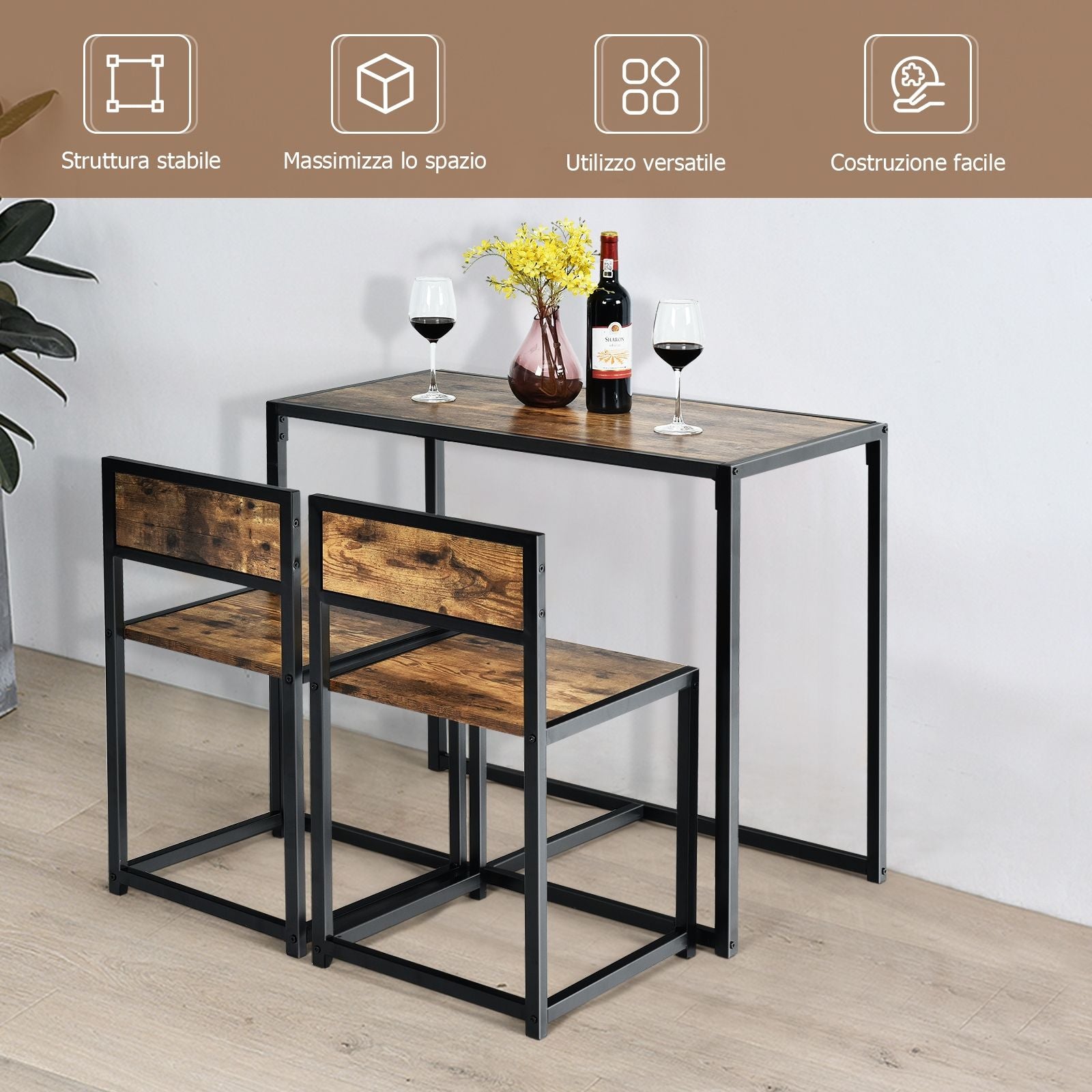 Set Da Pranzo Da 3 Pezzi Con Struttura Di Metallo, Tavolo Da Cucina Con 2 Sedie per Spazi Ridotti, Antico