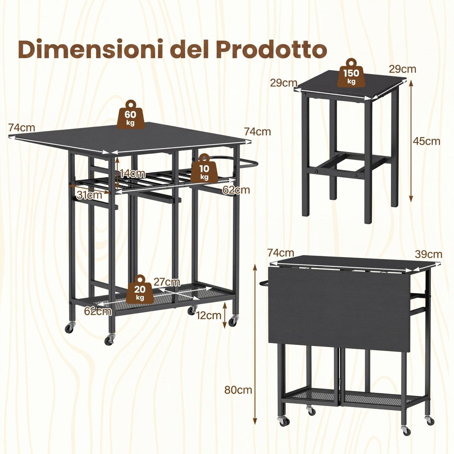 Set Tavolo Da Pranzo 3 Pezzi Con Ruote E Portabottiglie Da 6 Posti, Tavolo Da Cucina Estendibile Con 2 Sgabelli 4 Colori