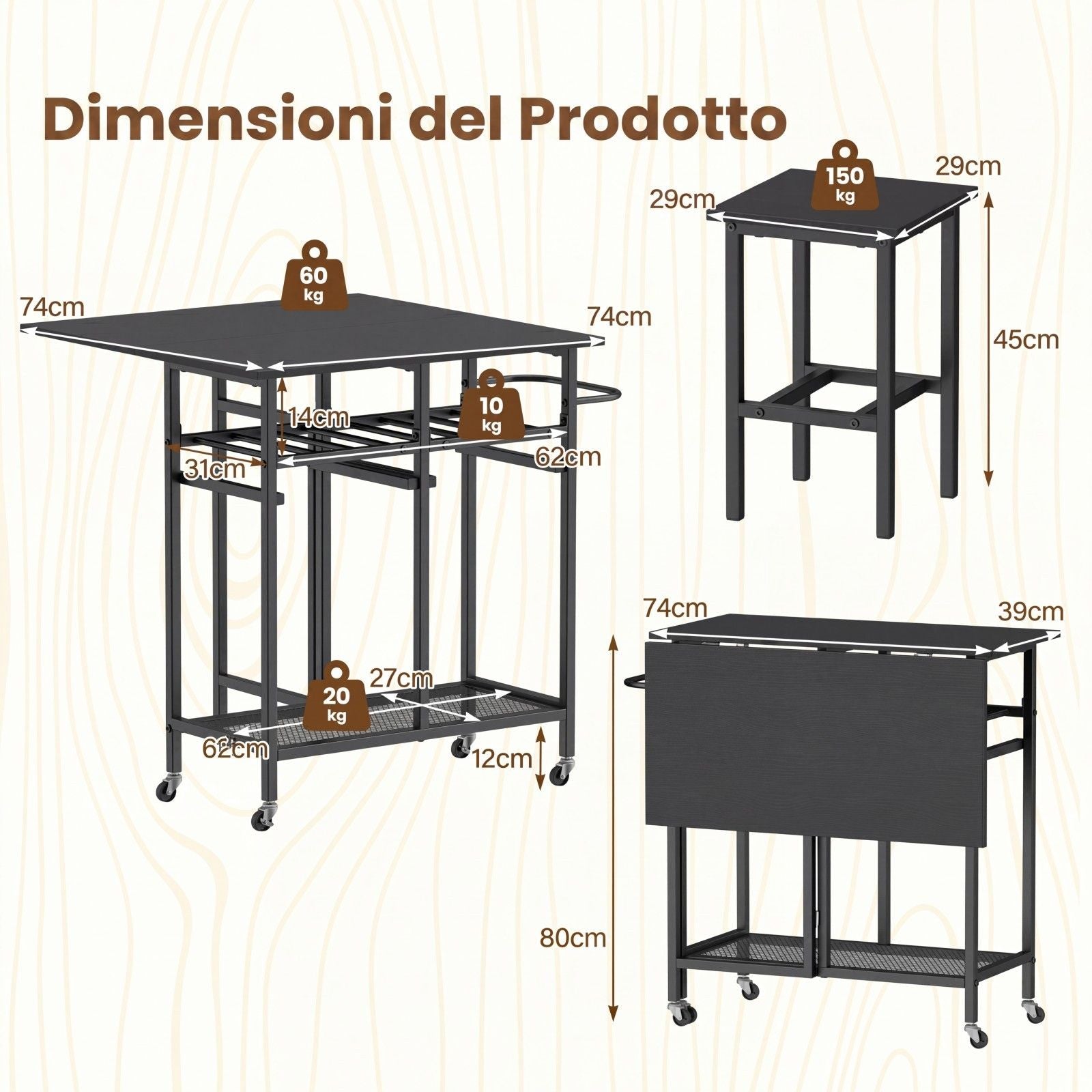 Set Tavolo Da Pranzo 3 Pezzi Con Ruote E Portabottiglie Da 6 Posti, Tavolo Da Cucina Estendibile Con 2 Sgabelli 4 Colori