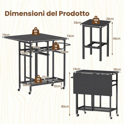 Set Tavolo Da Pranzo 3 Pezzi Con Ruote E Portabottiglie Da 6 Posti, Tavolo Da Cucina Estendibile Con 2 Sgabelli 4 Colori