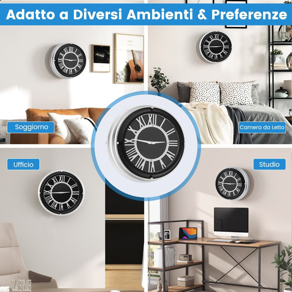Orologio Da Parete Silenzioso Con Numeri Romani Copertura in Vetro, Orologio Da Muro Senza Ticchettio 2 Dimensioni