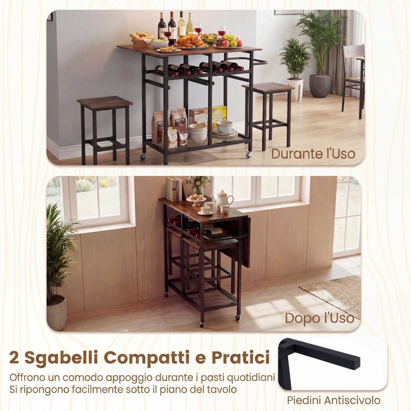 Set Tavolo Da Pranzo 3 Pezzi Con Ruote E Portabottiglie Da 6 Posti, Tavolo Da Cucina Estendibile Con 2 Sgabelli 4 Colori