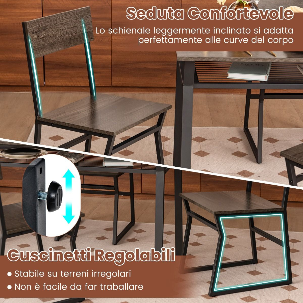 Set Da Tavolo Da Pranzo 5 Pezzi, Tavolo Da Cucina Con 4 Sedie Mensola Portaoggetti E Telaio in Metallo 2 Colori