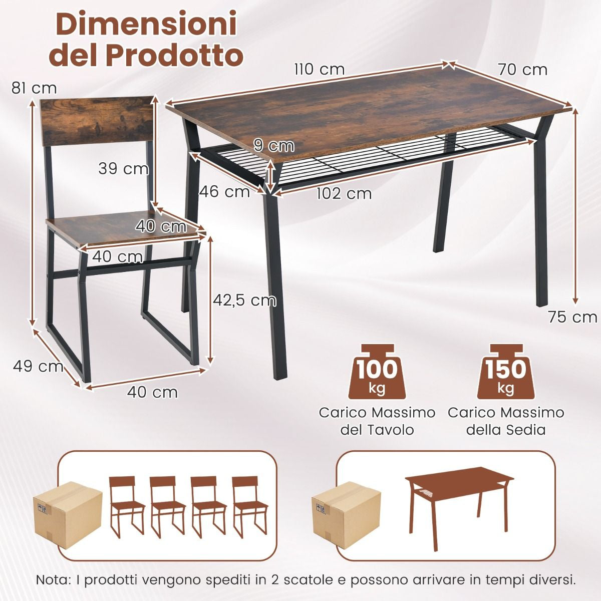 Set Da Tavolo Da Pranzo 5 Pezzi, Tavolo Da Cucina Con 4 Sedie Mensola Portaoggetti E Telaio in Metallo 2 Colori