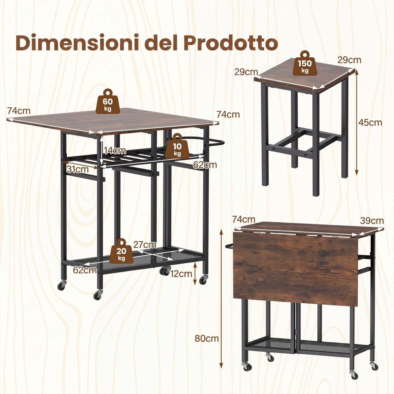 Set Tavolo Da Pranzo 3 Pezzi Con Ruote E Portabottiglie Da 6 Posti, Tavolo Da Cucina Estendibile Con 2 Sgabelli 4 Colori