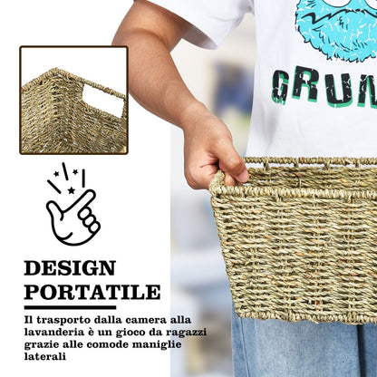 Set Di 4 Cestini in Seagrass Con Maniglie, Cestini Rettangolari in Seagrass Con Struttura in Ferro
