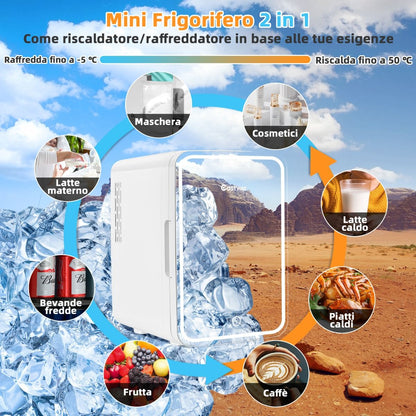 Mini Frigo Portatile 10 L AC/DC Con Specchio LED, Frigorifero Compatto Termostatico per Auto E Casa Bianco