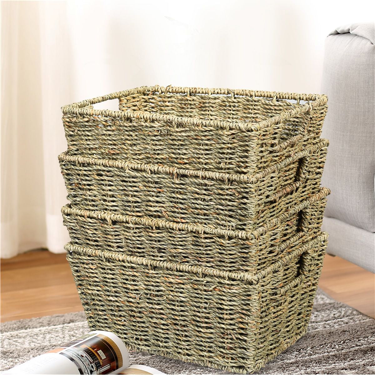 Set Di 4 Cestini in Seagrass Con Maniglie, Cestini Rettangolari in Seagrass Con Struttura in Ferro