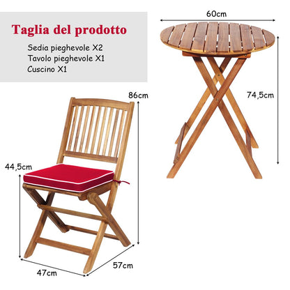 Set 3 Pezzi Pieghevoli in Legno Di Acacia Da Esterno, Set Sedie E Tavolo Con Cuscino Imbottito 3 Colori
