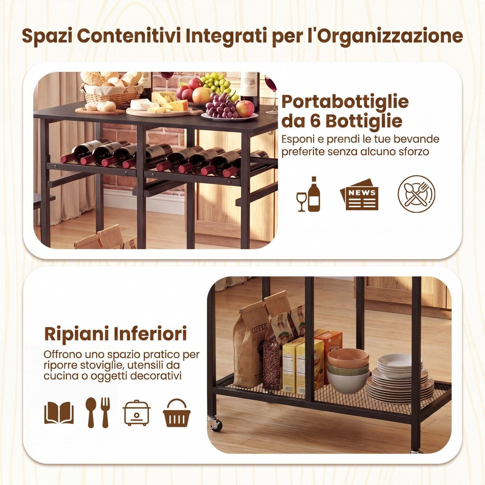 Set Tavolo Da Pranzo 3 Pezzi Con Ruote E Portabottiglie Da 6 Posti, Tavolo Da Cucina Estendibile Con 2 Sgabelli 4 Colori