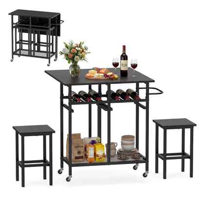 Set Tavolo Da Pranzo 3 Pezzi Con Ruote E Portabottiglie Da 6 Posti, Tavolo Da Cucina Estendibile Con 2 Sgabelli 4 Colori