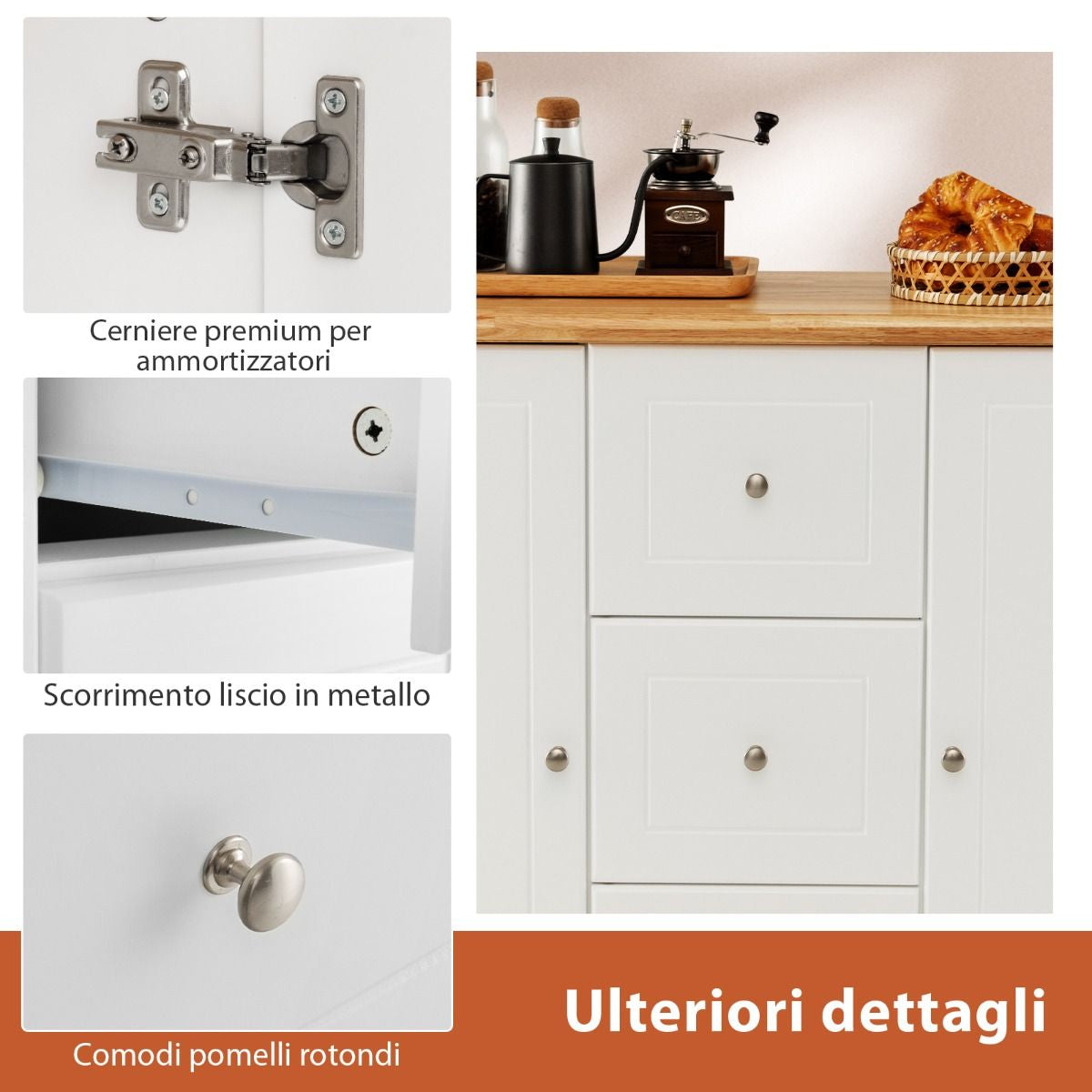 Carrello Da Cucina Con 3 Cassetti 2 Armadietti Chiusi Con Ripiani Regolabili, Isola Con Barra Laterale 2 Colori