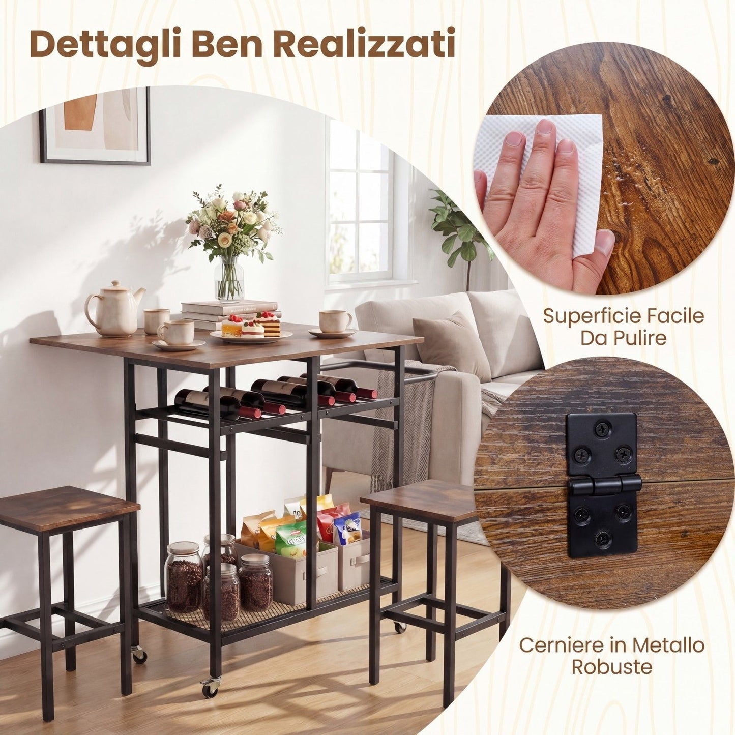 Set Tavolo Da Pranzo 3 Pezzi Con Ruote E Portabottiglie Da 6 Posti, Tavolo Da Cucina Estendibile Con 2 Sgabelli 4 Colori