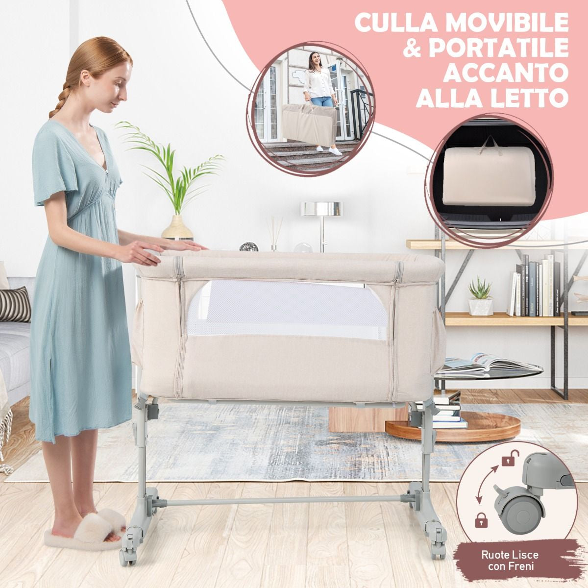 Culla per Bambini 3 in 1 Con 5 Livelli Di Altezza Regolabili Borsa Da Viaggio, Traversina per Bambini 4 Colori