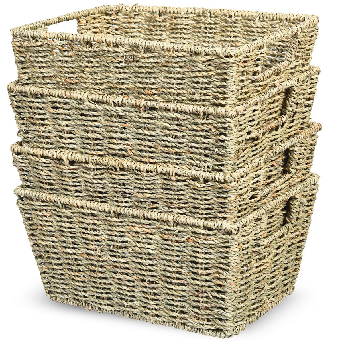 Set Di 4 Cestini in Seagrass Con Maniglie, Cestini Rettangolari in Seagrass Con Struttura in Ferro