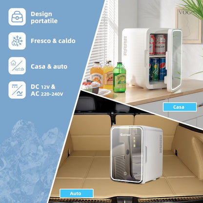Mini Frigo Portatile 10 L AC/DC Con Specchio LED, Frigorifero Compatto Termostatico per Auto E Casa Bianco