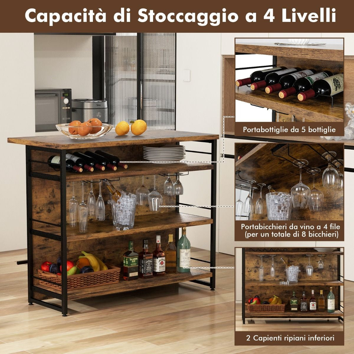 Isola Cucina Stile Industriale Con 3 Ripiani Aperti Portabottiglie E Porta Calici, Mobile Bar Con Poggiapiedi 2 Colori