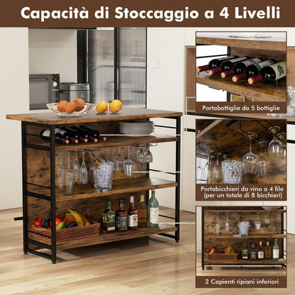 Isola Cucina Stile Industriale Con 3 Ripiani Aperti Portabottiglie E Porta Calici, Mobile Bar Con Poggiapiedi 2 Colori
