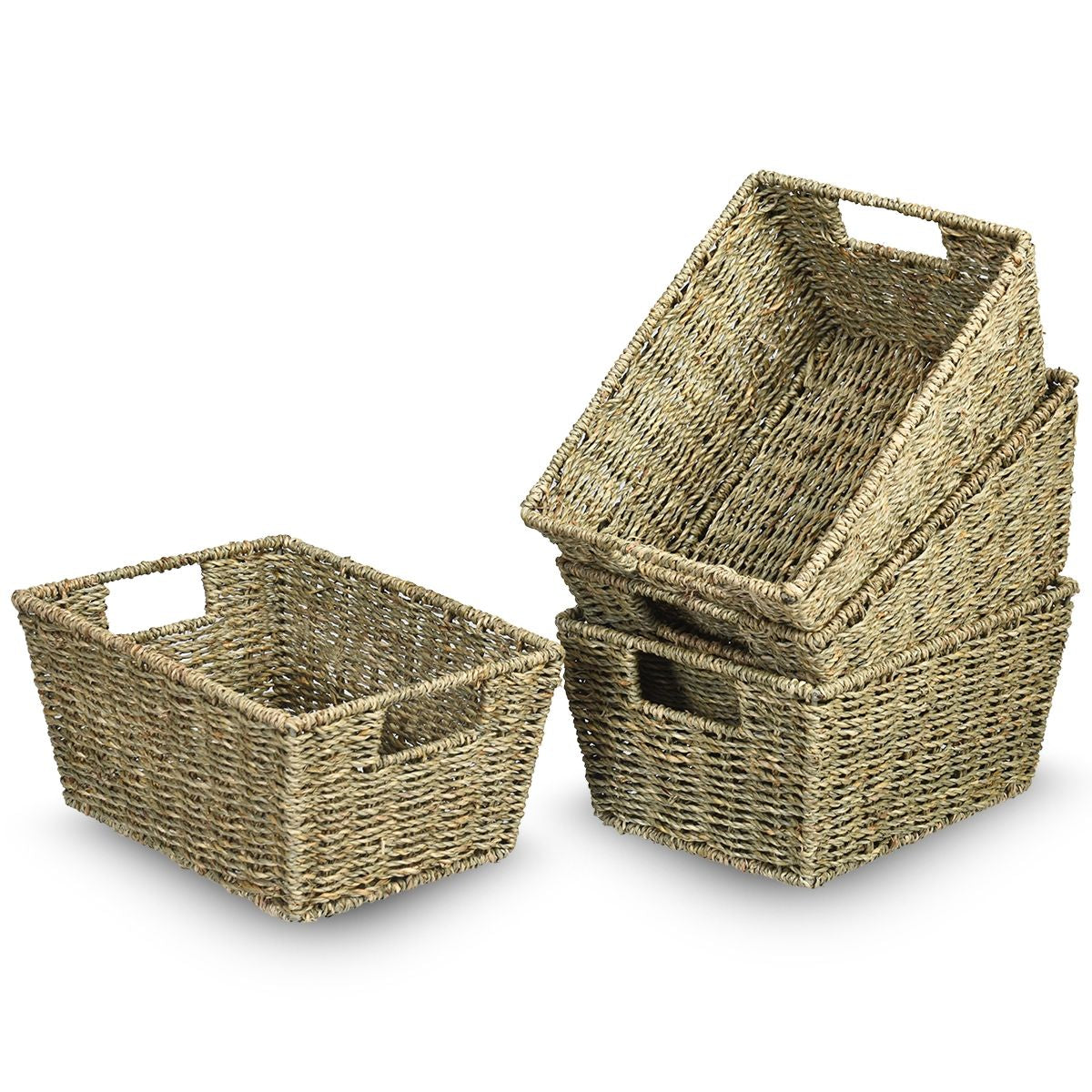 Set Di 4 Cestini in Seagrass Con Maniglie, Cestini Rettangolari in Seagrass Con Struttura in Ferro