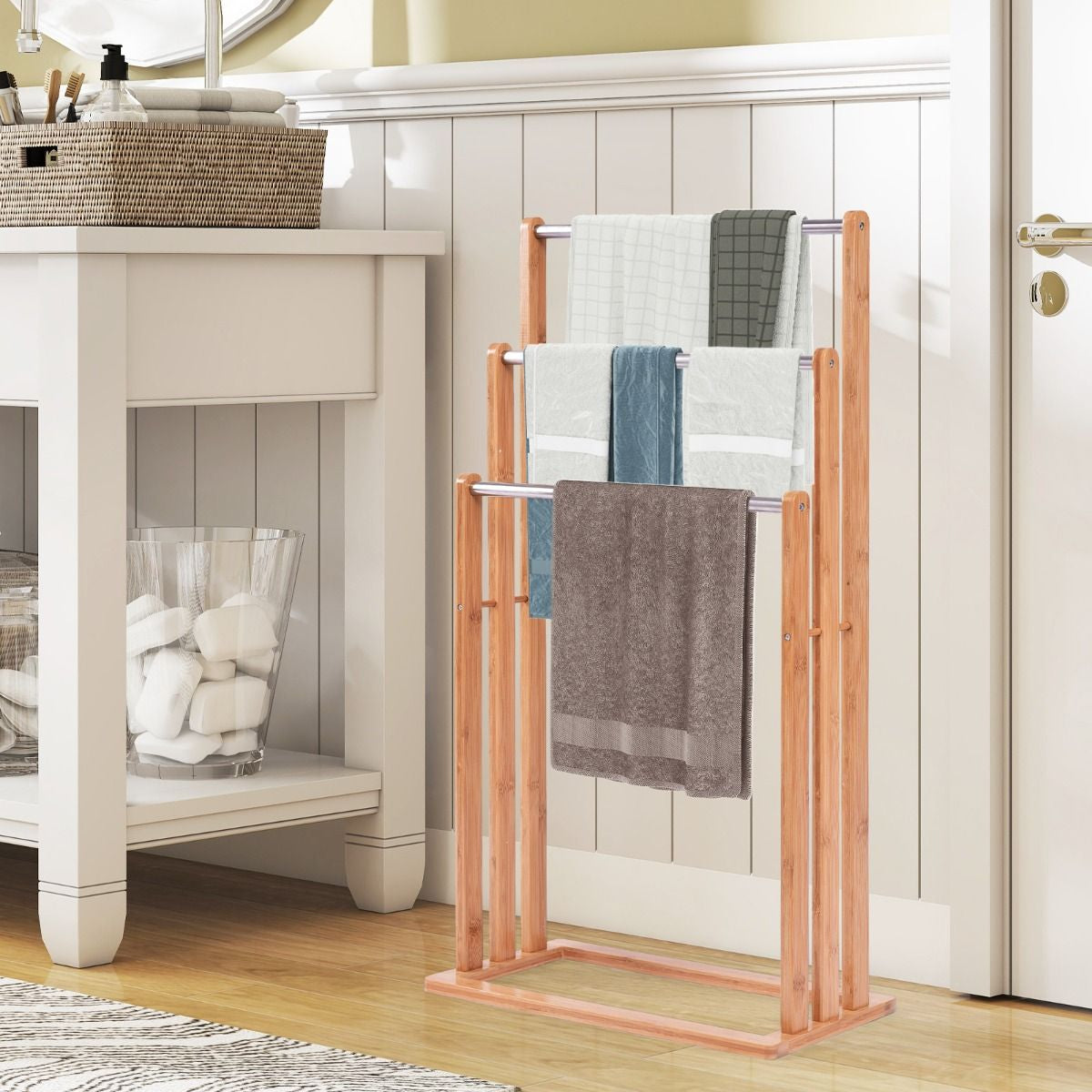 Porta Asciugamani in Legno Di Bambu Con 3 Barre in Acciaio Inox Da Terra 46X24X84Cm