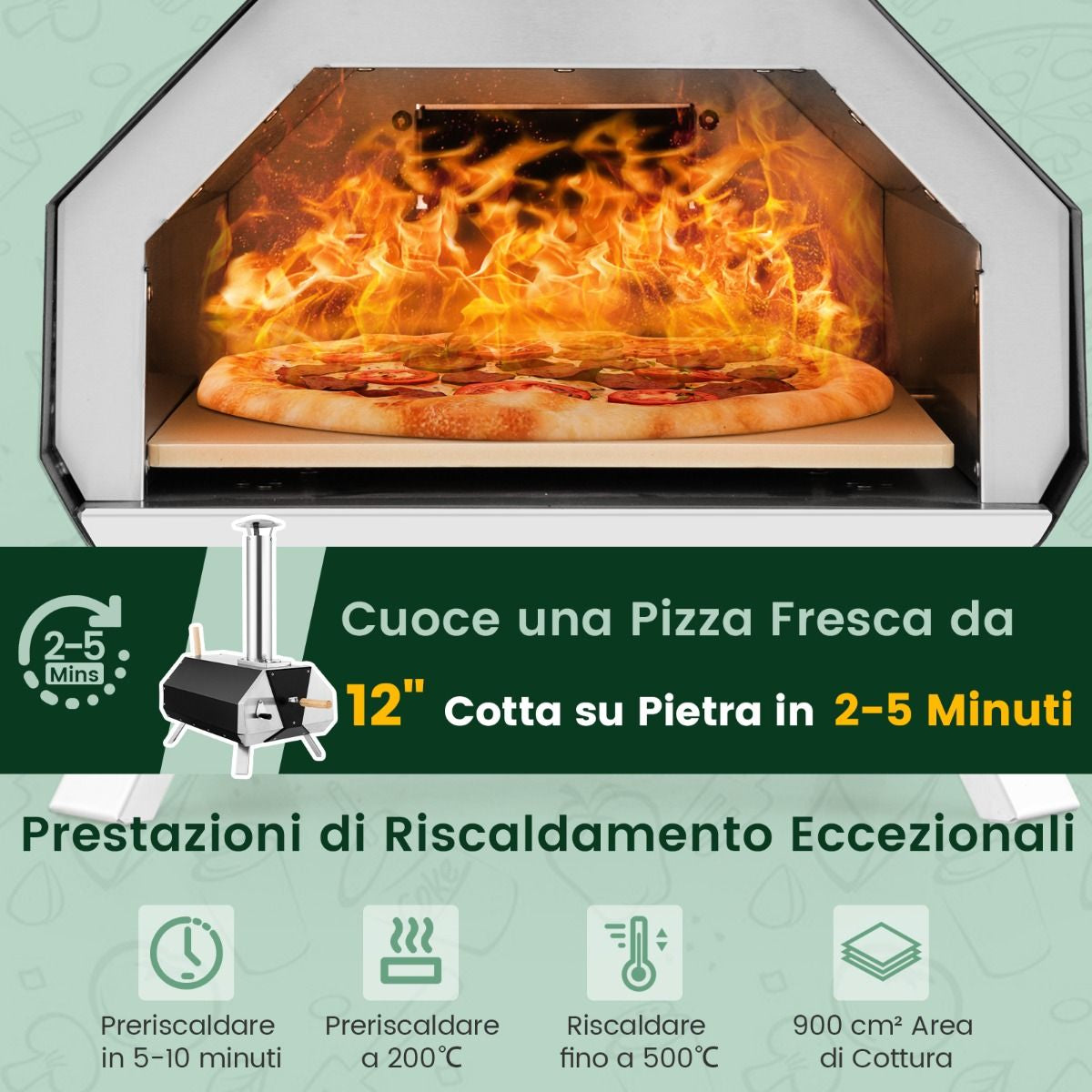 Forno per Pizza in Acciaio Inox Con Pietra per Pizza Gambe Pieghevoli, Grill a Legna Portatile per Pizza Nero