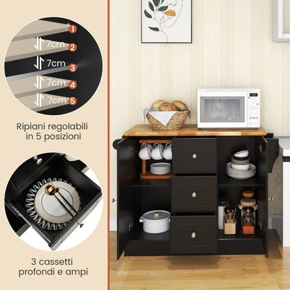 Carrello Da Cucina Con 3 Cassetti 2 Armadietti Chiusi Con Ripiani Regolabili, Isola Con Barra Laterale 2 Colori