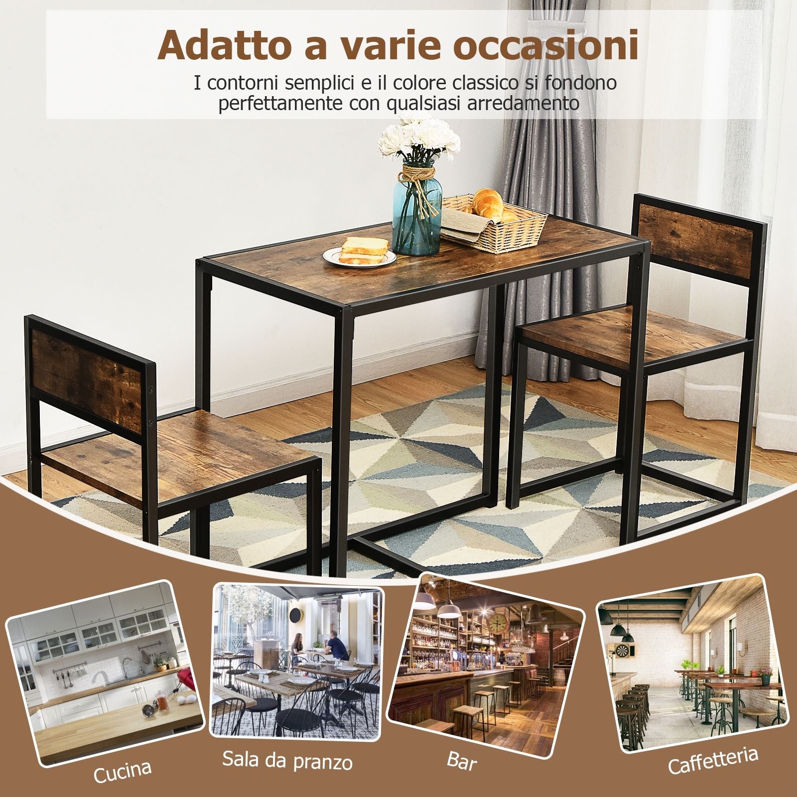 Set Da Pranzo Da 3 Pezzi Con Struttura Di Metallo, Tavolo Da Cucina Con 2 Sedie per Spazi Ridotti, Antico