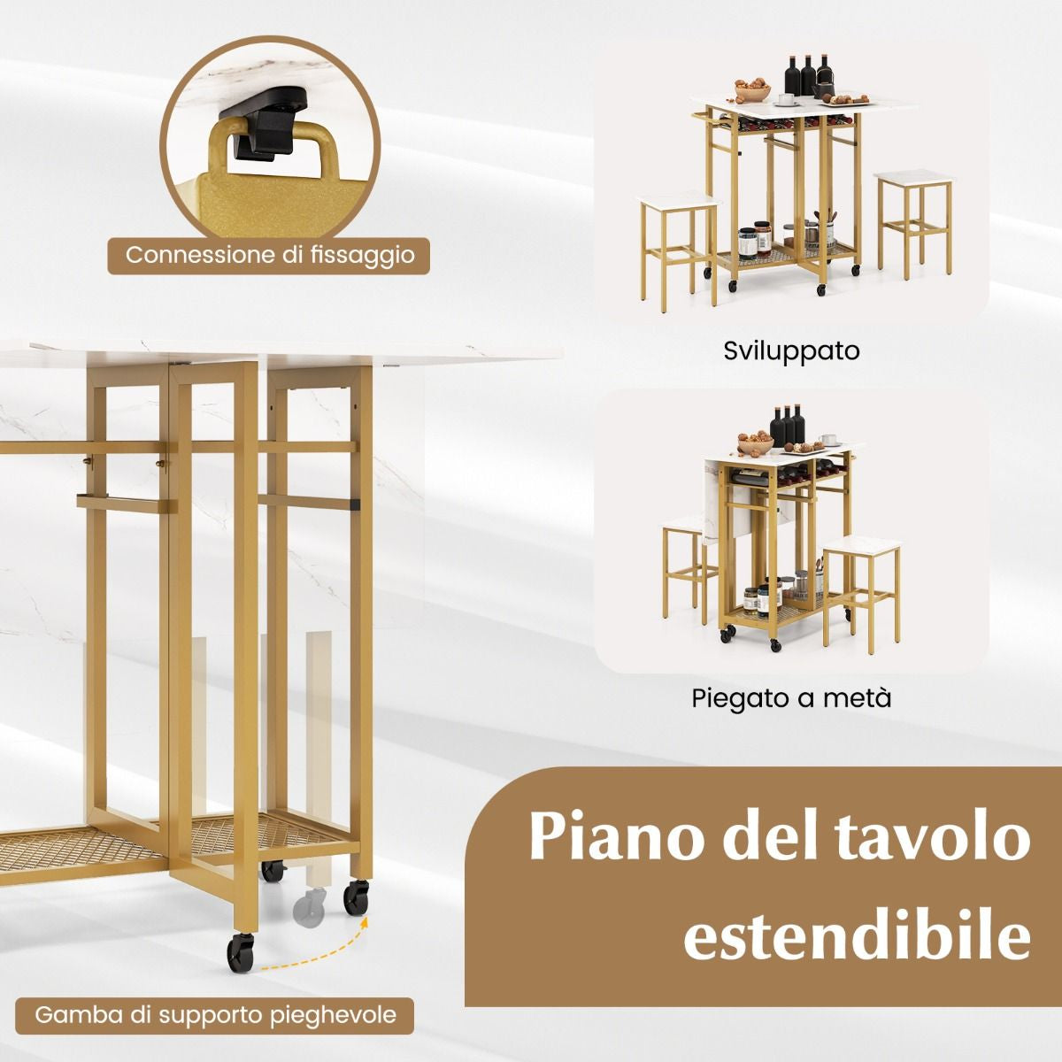 Set Tavolo Da Pranzo 3 Pezzi Con Ruote E Portabottiglie Da 6 Posti, Tavolo Da Cucina Estendibile Con 2 Sgabelli 4 Colori