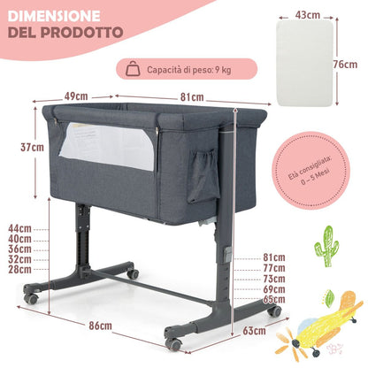 Culla per Bambini 3 in 1 Con 5 Livelli Di Altezza Regolabili Borsa Da Viaggio, Traversina per Bambini 4 Colori