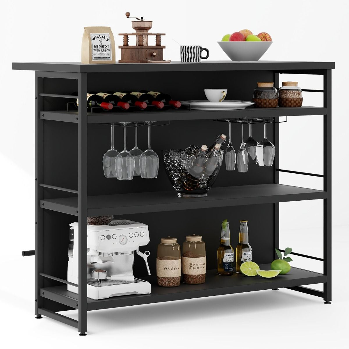 Isola Cucina Stile Industriale Con 3 Ripiani Aperti Portabottiglie E Porta Calici, Mobile Bar Con Poggiapiedi 2 Colori