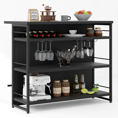 Isola Cucina Stile Industriale Con 3 Ripiani Aperti Portabottiglie E Porta Calici, Mobile Bar Con Poggiapiedi 2 Colori
