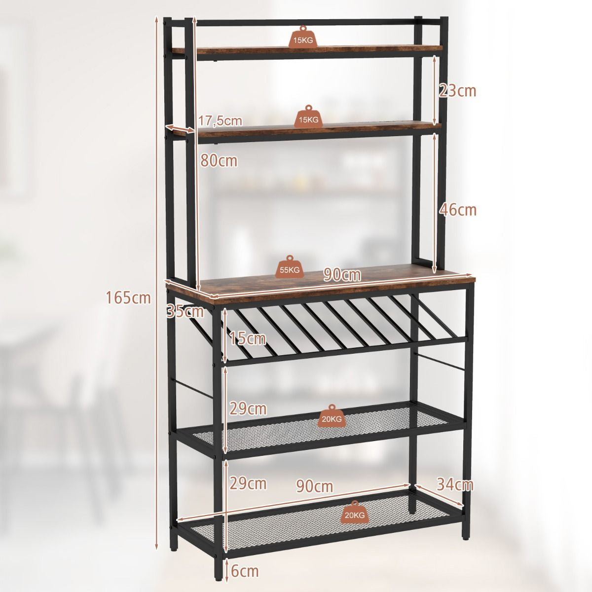 Scaffale Da Cucina a 6 Ripiani Con Portabottiglie 2 Ripiani in Rete, Scaffale Porta Microonde Alto Marrone Rustico