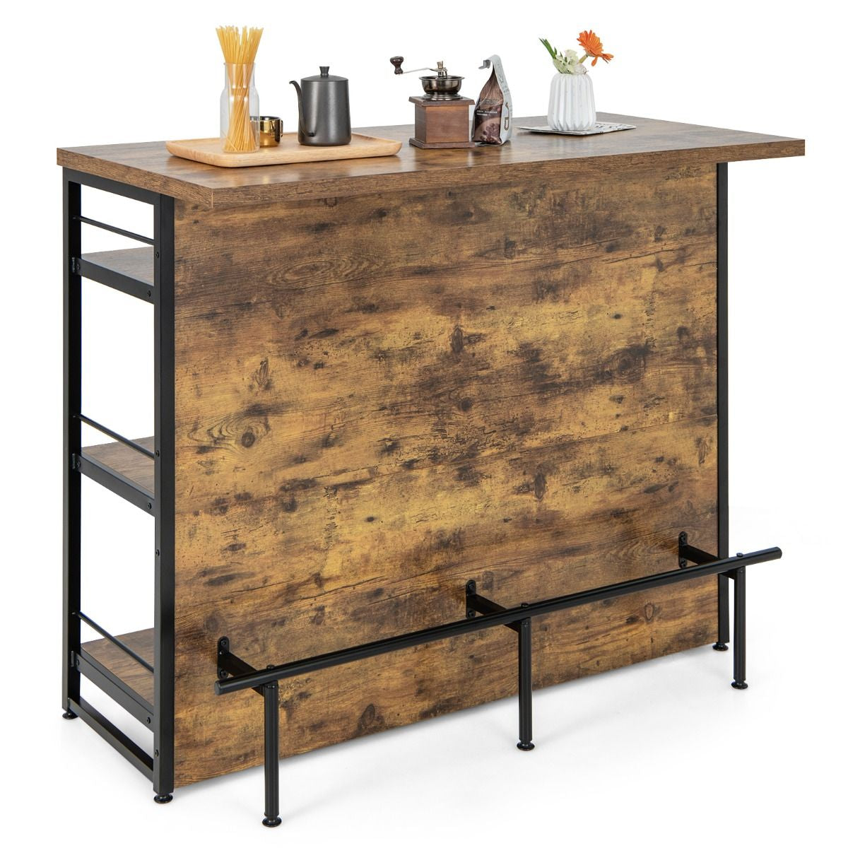 Isola Cucina Stile Industriale Con 3 Ripiani Aperti Portabottiglie E Porta Calici, Mobile Bar Con Poggiapiedi 2 Colori