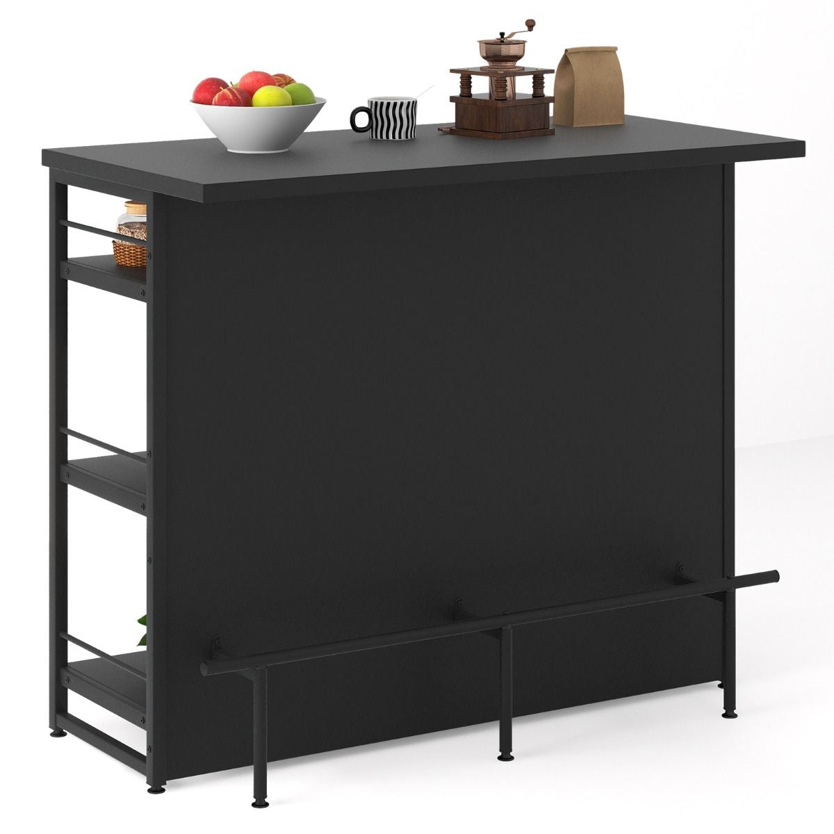 Isola Cucina Stile Industriale Con 3 Ripiani Aperti Portabottiglie E Porta Calici, Mobile Bar Con Poggiapiedi 2 Colori