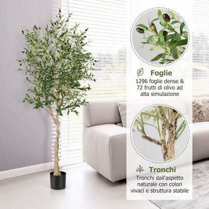 Ulivo Artificiale 182Cm Con 1296 Foglie 72 Frutti, Ulivo Finto in Vaso Di Cemento per Ufficio Casa