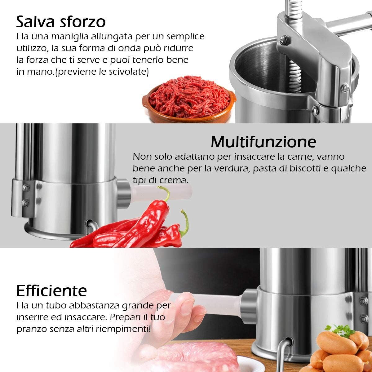 5Kg Macchina Insaccatrice per Salsicce in Acciaio Inox Manuale Con 6 Tubi Di Riempimento