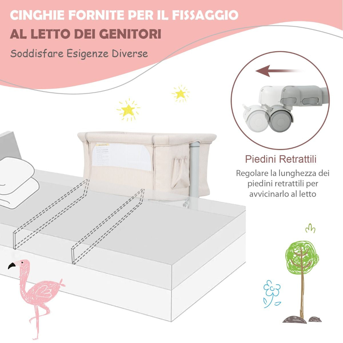 Culla per Bambini 3 in 1 Con 5 Livelli Di Altezza Regolabili Borsa Da Viaggio, Traversina per Bambini 4 Colori