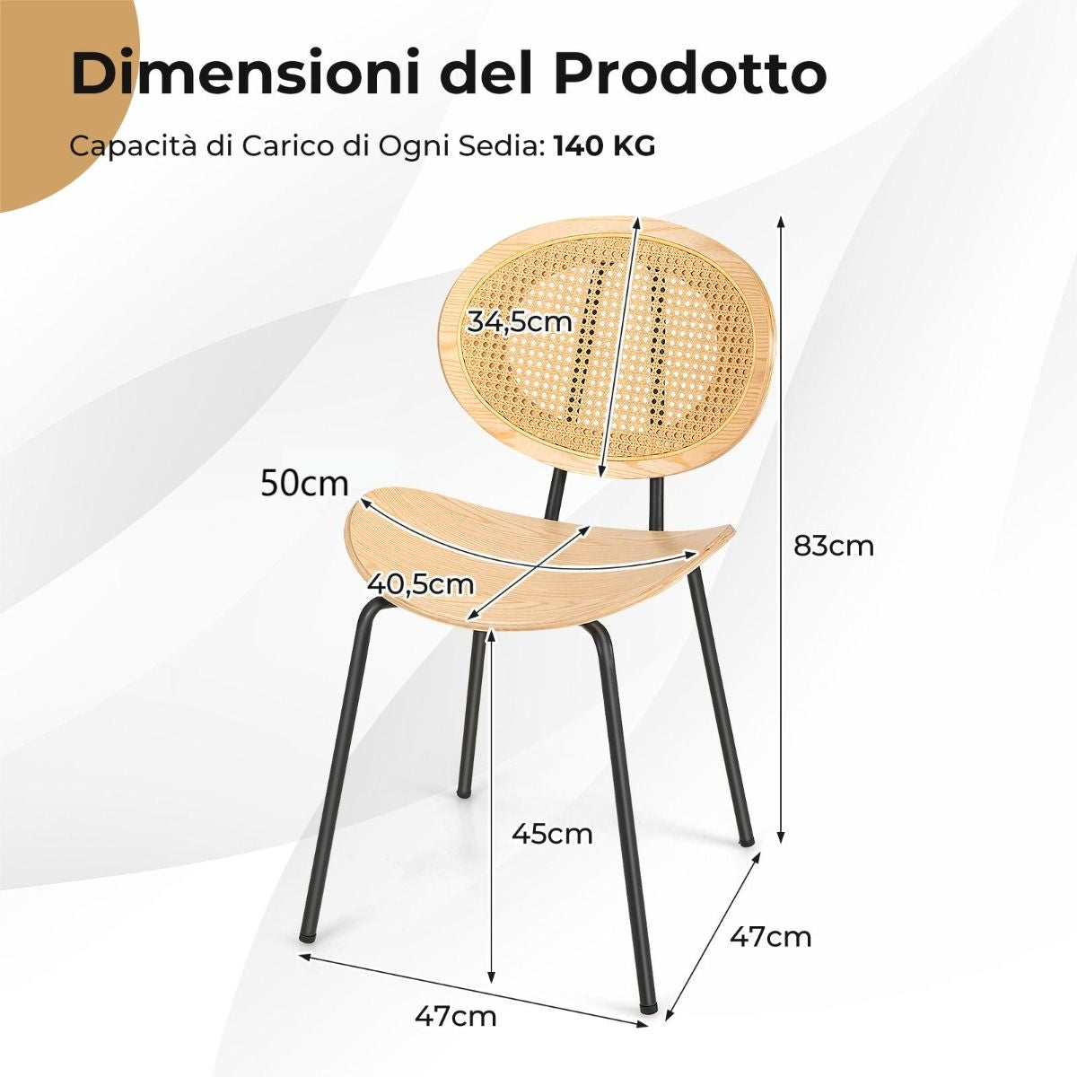 Set Di 2 Sedie Da Pranzo in Rattan Con Gambe in Metallo Seduta in Compensato, Sedie Boho Portata 140Kg Naturale