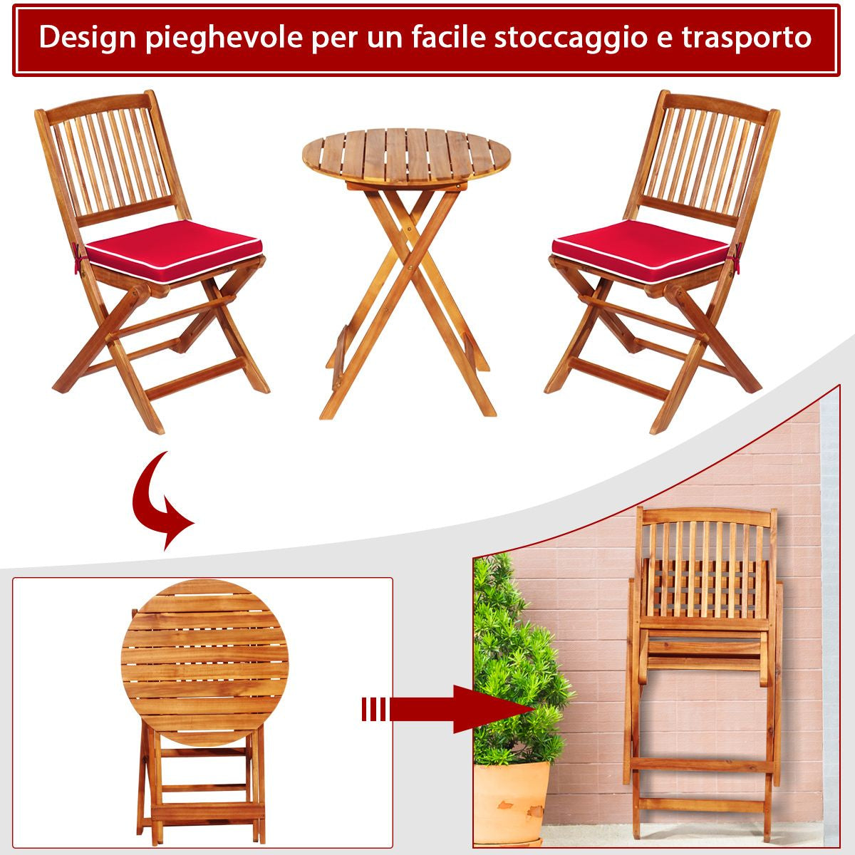 Set 3 Pezzi Pieghevoli in Legno Di Acacia Da Esterno, Set Sedie E Tavolo Con Cuscino Imbottito 3 Colori