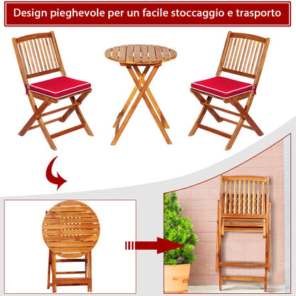 Set 3 Pezzi Pieghevoli in Legno Di Acacia Da Esterno, Set Sedie E Tavolo Con Cuscino Imbottito 3 Colori