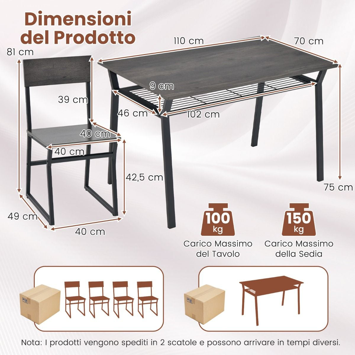 Set Da Tavolo Da Pranzo 5 Pezzi, Tavolo Da Cucina Con 4 Sedie Mensola Portaoggetti E Telaio in Metallo 2 Colori